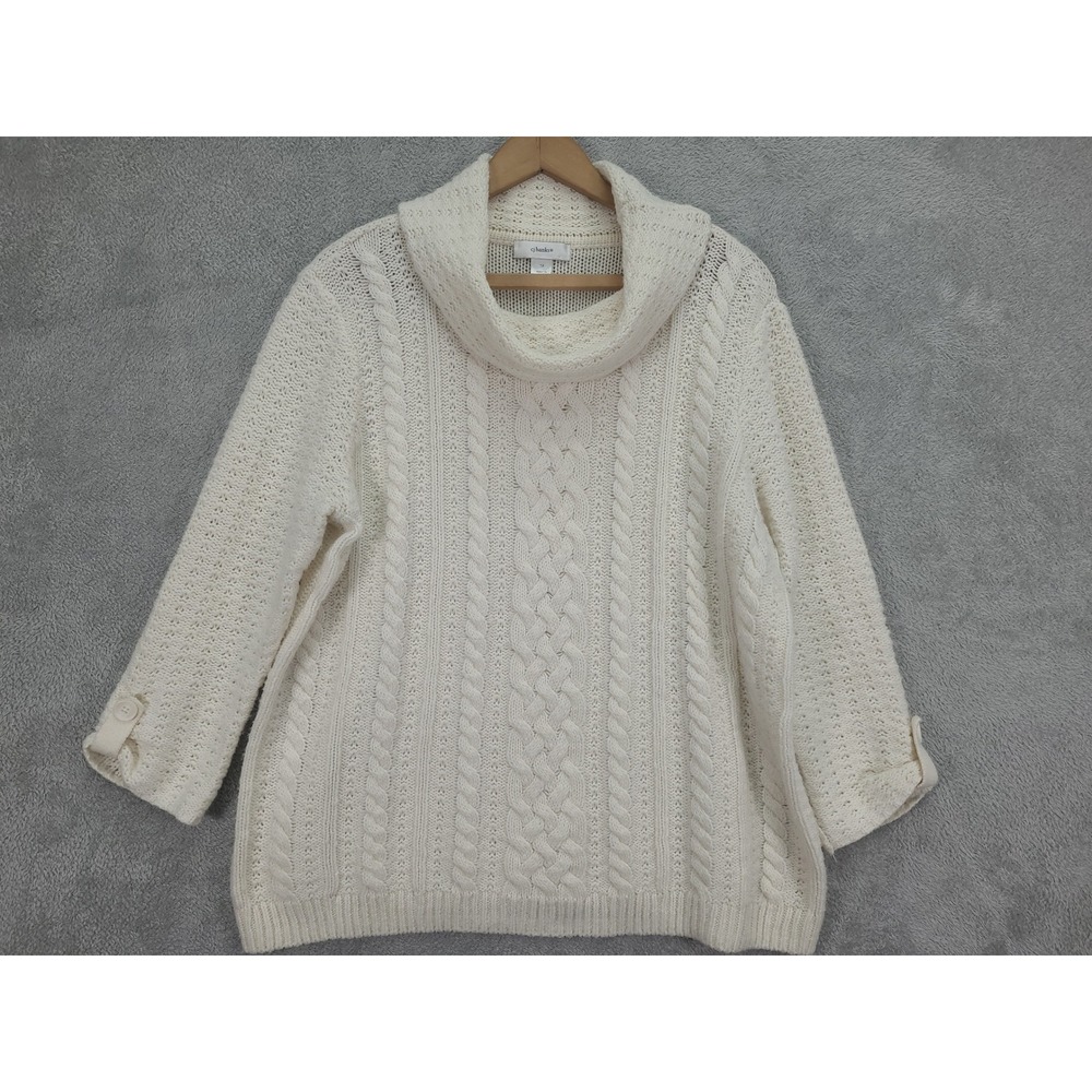 CJ Banks Cream Cable Knit Cowl Neck Sweater 1X 3/4 Sleeve Casual Cozy Wool Blend